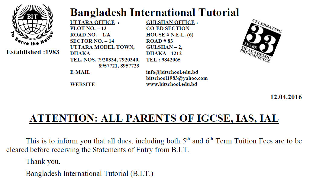 Attention: All Parents of IGCSE, IAS, IAL
